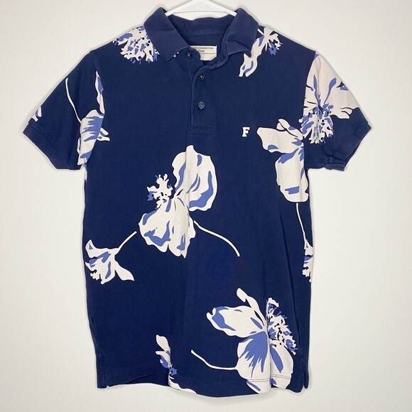 French Connection Navy Blue Polo 100% Cotton Floral Print Size Small Slim - Picture 1 of 7
